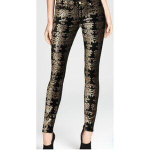 7 For All Mankind Metallic Gold & Black Damask Skinny Jeans Size 25 Acrylic Blen
